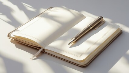 Elegant Beige Notebook and Gold Pen Mockup Sunlit Desk Blank Pages Writing Journal