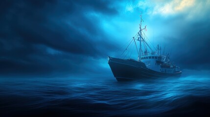 Obraz premium Dramatic Fishing Vessel in Stormy Ocean Under Darkened Sky