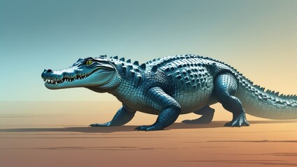 Naklejka premium Majestic Teal Alligator Walking on Desert Sand Digital Art Reptile Illustration
