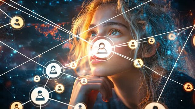 Digital Harmony: A mesmerizing digital artwork depicts a woman immersed in a web of interconnected relationships. Evoking themes of digital connectivity and the human touch.