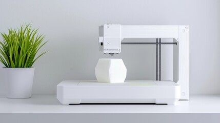 Fototapeta premium 3D Printer in action, creating a geometric object. A modern white 3D printer is positioned on a white shelf, printing a white, geometrically-shaped object. A small potted plant sits beside it