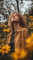 A young woman in a brown jacket stands in a field of yellow flowers, with her eyes closed as if she is enjoying the moment.