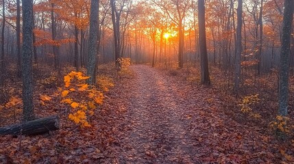 Obraz premium Enchanting sunset illuminates a tranquil woodland path in brilliant autumn