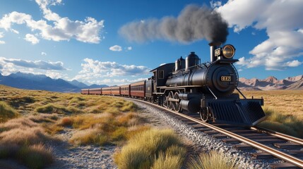 Obraz premium Steam Locomotive Traveling Through Scenic Landscape with Mountains