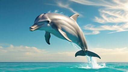 Obraz premium Majestic Dolphin Leaping Ocean Splash Aquatic Wildlife Summer Sky