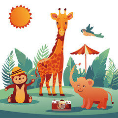 Cute Jungle Explorer with Giraffe and Elephant &ndash; Kids Safari Adventure Vector

