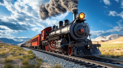 Fototapeta premium Vintage Steam Locomotive in Desert Landscape Under Blue Sky