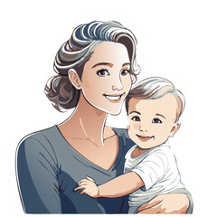 Obraz premium Happy Mother Holding Her Smiling Baby in a Heartwarming Cartoon Illustration