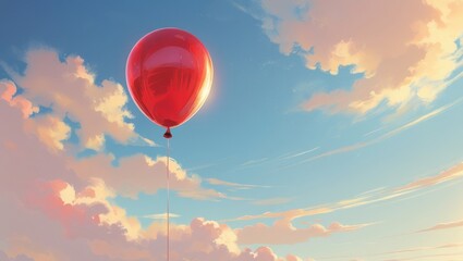 Obraz premium Red Balloon Floating in a Serene Sunset Sky Dreamy Cloudscape Background
