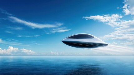 Fototapeta premium Futuristic Flying Vehicle Above Calm Ocean Under Clear Blue Sky