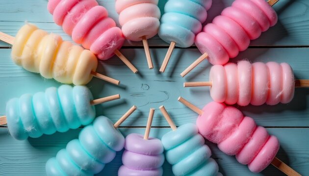 Colorful cotton candy display in a circle on wooden background  