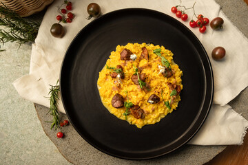 Risotto with Saffron wagyu beef foie grass gold leaf