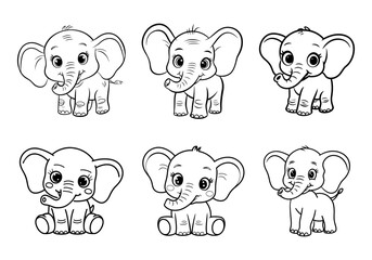 Cute Black and White Outline Illustrations of Baby Elephants