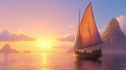 Fototapeta premium Serene Sunset Over Open Sea with Traditional Sailboat