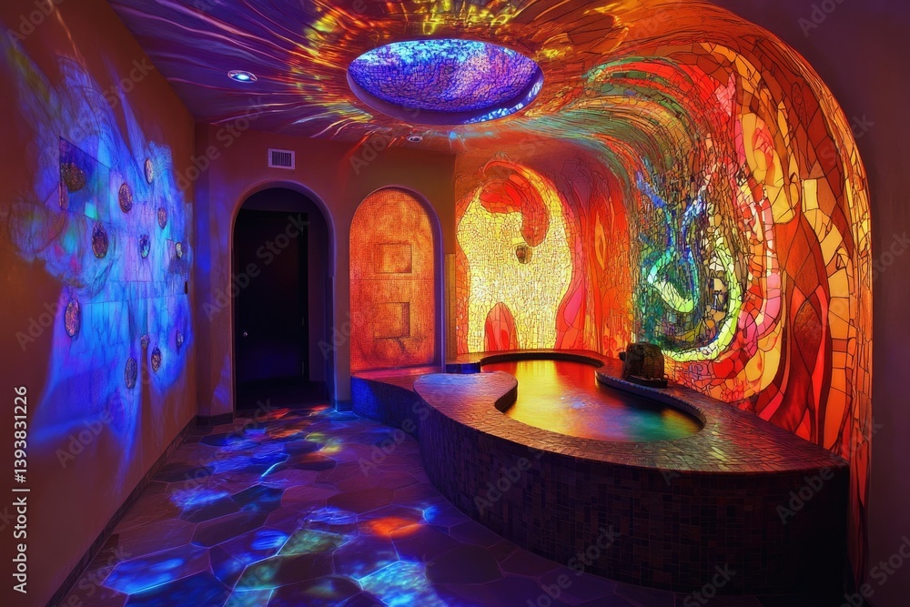 Poster a vibrant, mosaic-tiled room with a small pool, illuminated by colorful lights and projections, crea