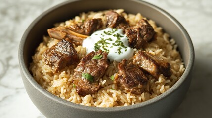 Minimalist bowl of mansaf rice lamb pieces neatly arranged and a drizzle of yogurt sauce