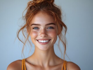 Portrait of a smiling redhead woman with freckles and bright blue eyes.  Her hair is styled in a messy bun