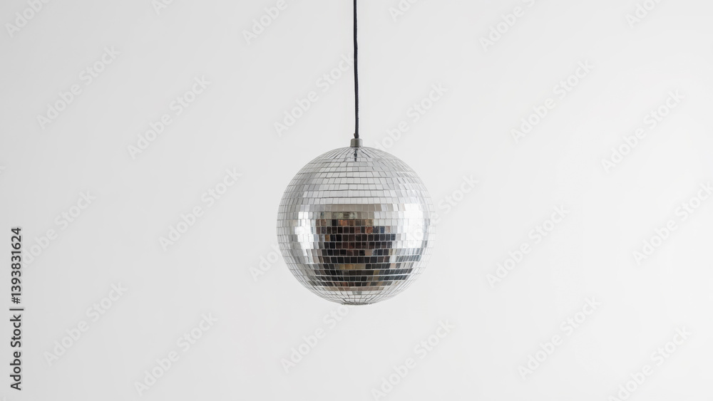 Poster hanging disco ball reflecting light in minimalist setting for parties and events atmosphere enhancem