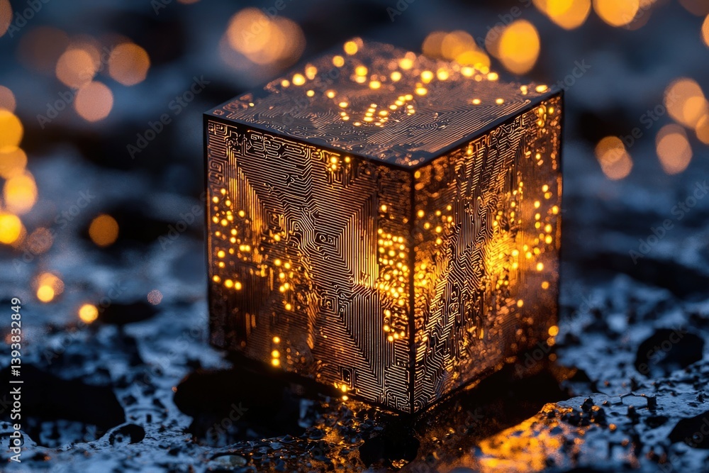 Poster illuminated cube showcasing intricate circuitry, glowing with warm light against a dark backdrop.
