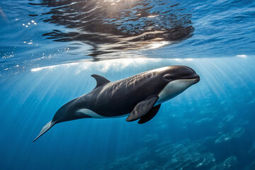 Obraz premium A pilot whale swims serenely beneath shimmering water, sunlight streaming through the surface. Its dark, smooth body contrasts beautifully with the blue ocean depth