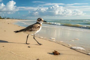 Fototapeta premium This beach plover strolls confidently along wet sand. Gentle waves and sunlit clouds frame the shoreline, capturing the essence of a quiet coastal morning