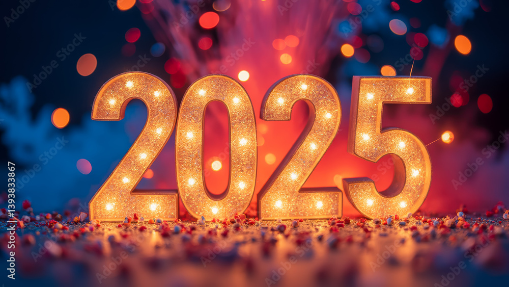 Poster bright numbers for new year celebration display with colorful bokeh background and sparkling effects