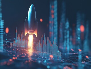 Rocket launch over futuristic city, digital data