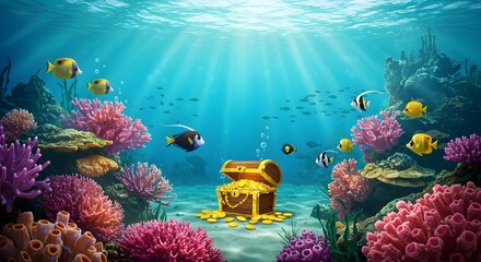 Underwater Treasure Cartoon Illustration of Gold Chest, Fish, and Coral Reef