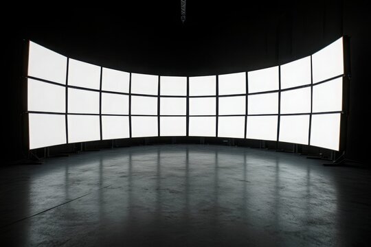 Curved array of blank white screens, video wall display