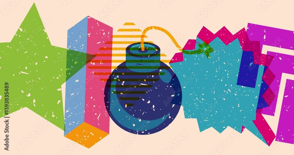 Poster risograph bomb and speech bubble with geometric shapes animation. moving object in trendy riso graph