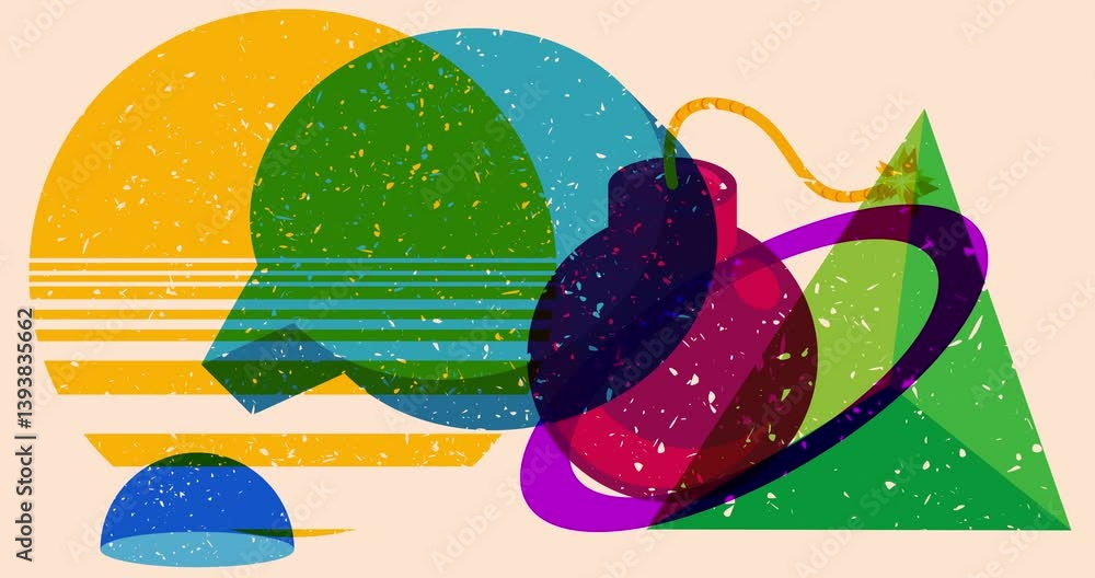 Poster risograph bomb and speech bubble with geometric shapes animation. moving object in trendy riso graph