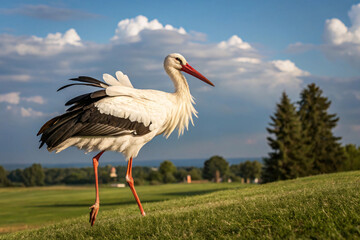 Fototapeta premium Set against a wide countryside, a poised White Stork walks with elegance. Its feathered wings flutter slightly as a breeze rolls across the grassy hill
