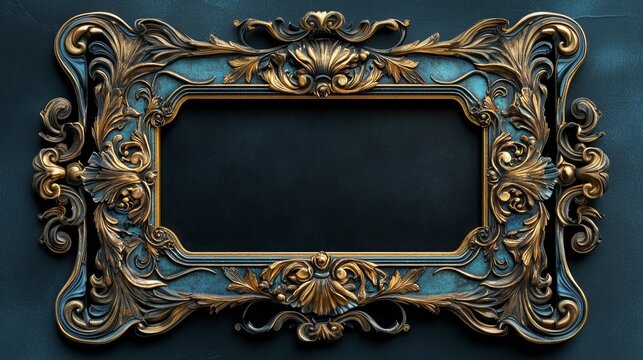 Elegant medieval fantasy frame with elven-inspired ornamental gold and blue decorations, straight edges, and black blank canvas evoking oceanic and royal themes of elvish design