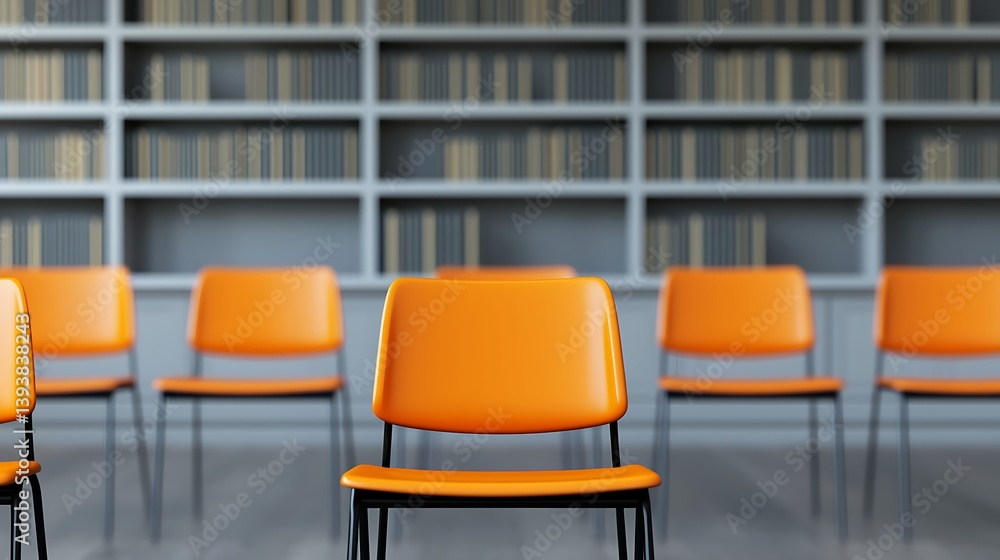 Poster a modern library scene featuring a row of bright orange chairs in front of shelves filled with books