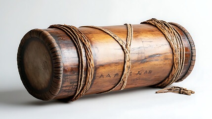 A large wooden drum with a rope tied around it