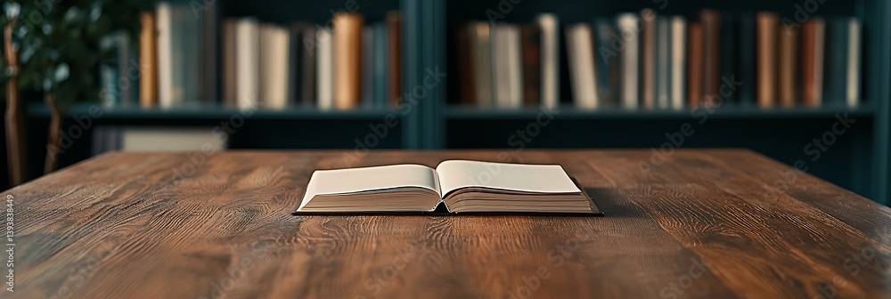 Poster an open book rests on a wooden table, with a bookshelf in the background filled with various books, 