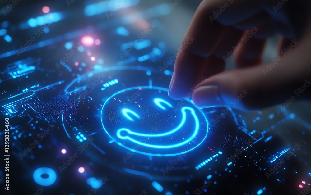 Poster hand pressing on a blue digital interface with a smiley face, futuristic design, glowing elements, g