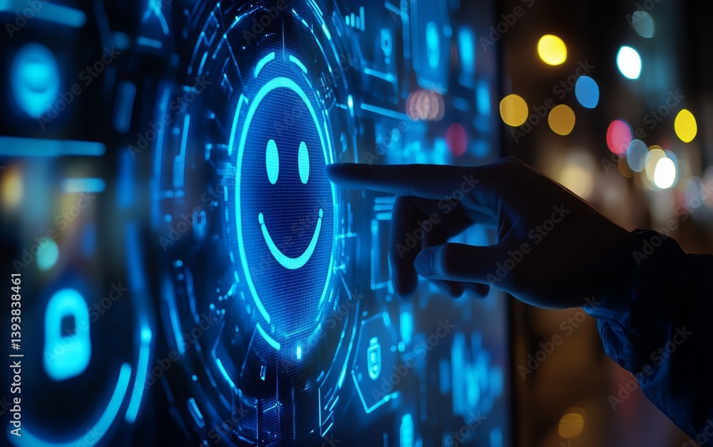 Poster hand pressing on a blue digital interface with a smiley face, futuristic design, glowing elements, g