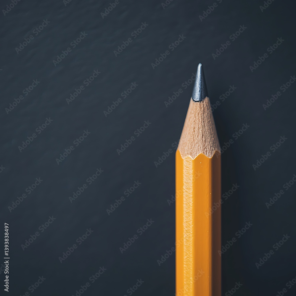 Poster a close-up of a sharpened yellow pencil against a dark background, highlighting its texture and colo