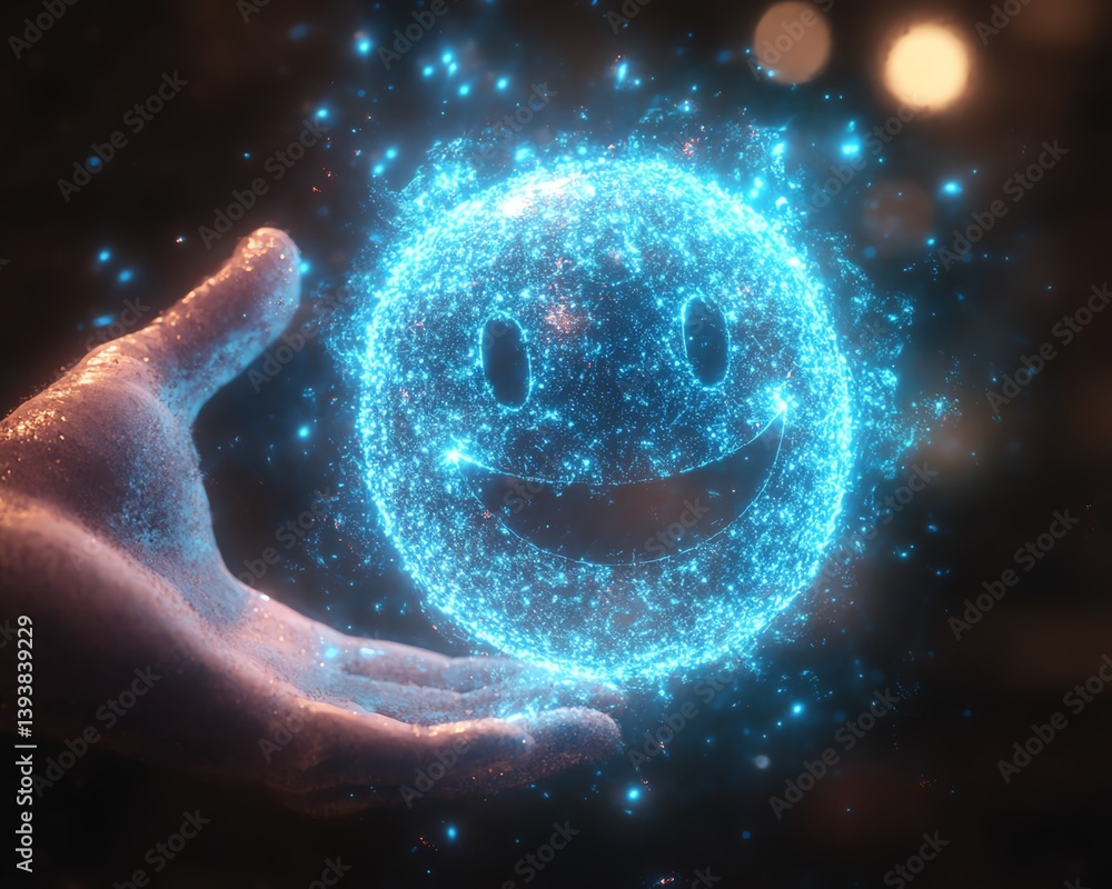 Poster blue glowing digital interface with a smiley face, hand interacting with it, modern technology desig