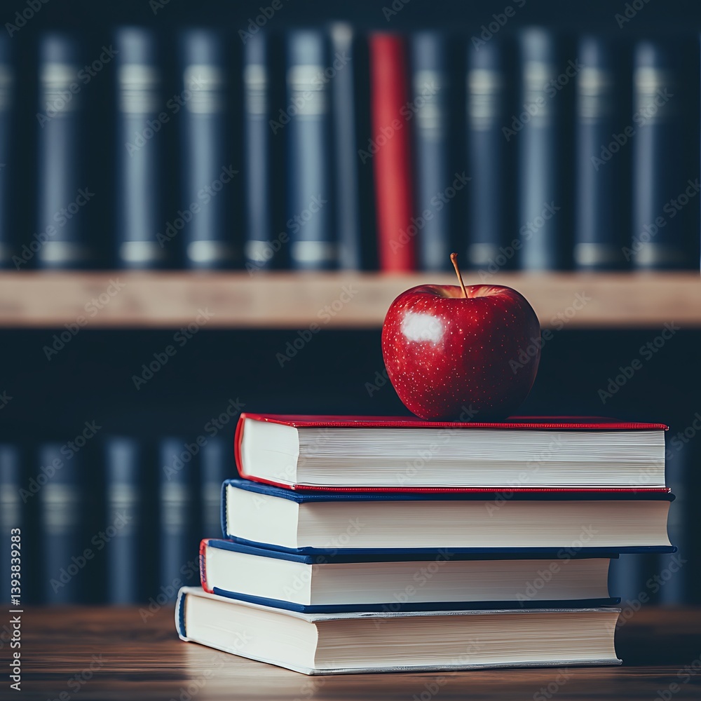 Aufkleber a stack of colorful books topped with a shiny red apple, set against a blurred background of dark bo