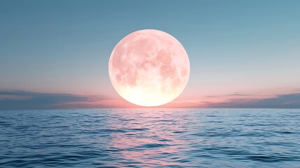 Serene full moon rising over tranquil ocean waters at dusk a captivating view