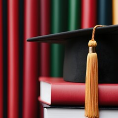 A black graduation cap rests on stacked red books, with colorful book spines blurred in the background, symbolizing academic achievement and education.
