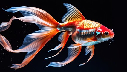 Fototapeta premium Colorful Goldfish on Black Background with Flowing Fins.