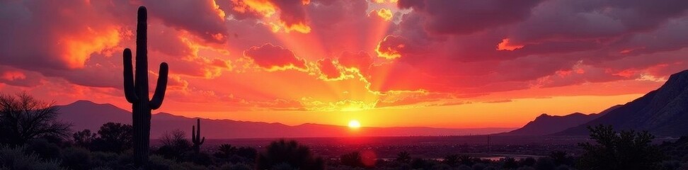 Fototapeta premium Towering saguaro cacti silhouette against fiery sunset , arid, crepuscular rays