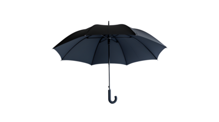 Black umbrella with wooden handle, open, on a transparent background.