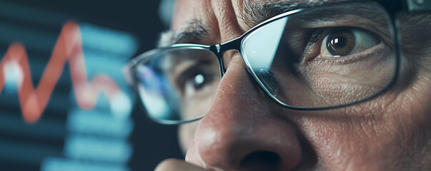close-up of person wearing glasses focused intently on financial market data, with stock chart line graph reflecting in eyewear, showing the intensity and concentration of trading and market analysis.