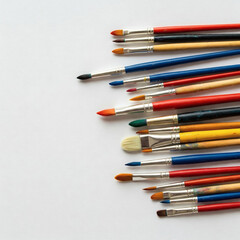 Obraz premium Paint brushes on a white background. Top view. Copy space.
