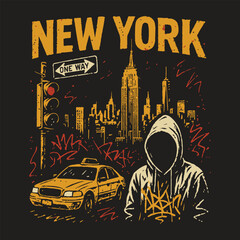 Urban New York street art design featuring graffiti, a hoodie figure, taxi, and skyline. Gritty city vibes perfect for bold t-shirt prints. © Chairul