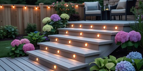 Beautifully lit backyard deck stairs surrounded by colorful blooming hydrangeas and cozy string lights, creating a peaceful and stylish outdoor garden ambiance at twilight
